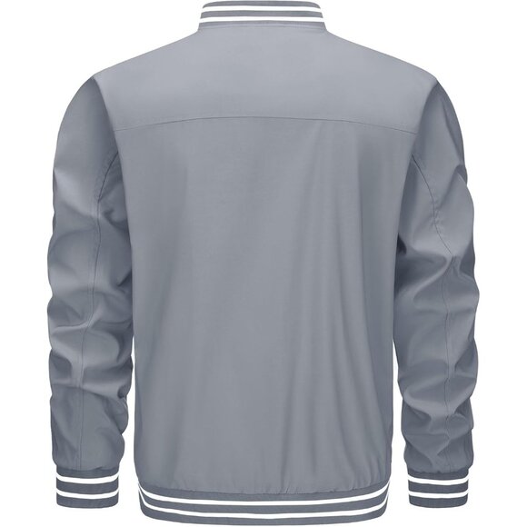 Mens Light Grey Bomber Lightweight Casual Spring Fall Windbreaker Zip Up Jacket - Picture 8 of 8